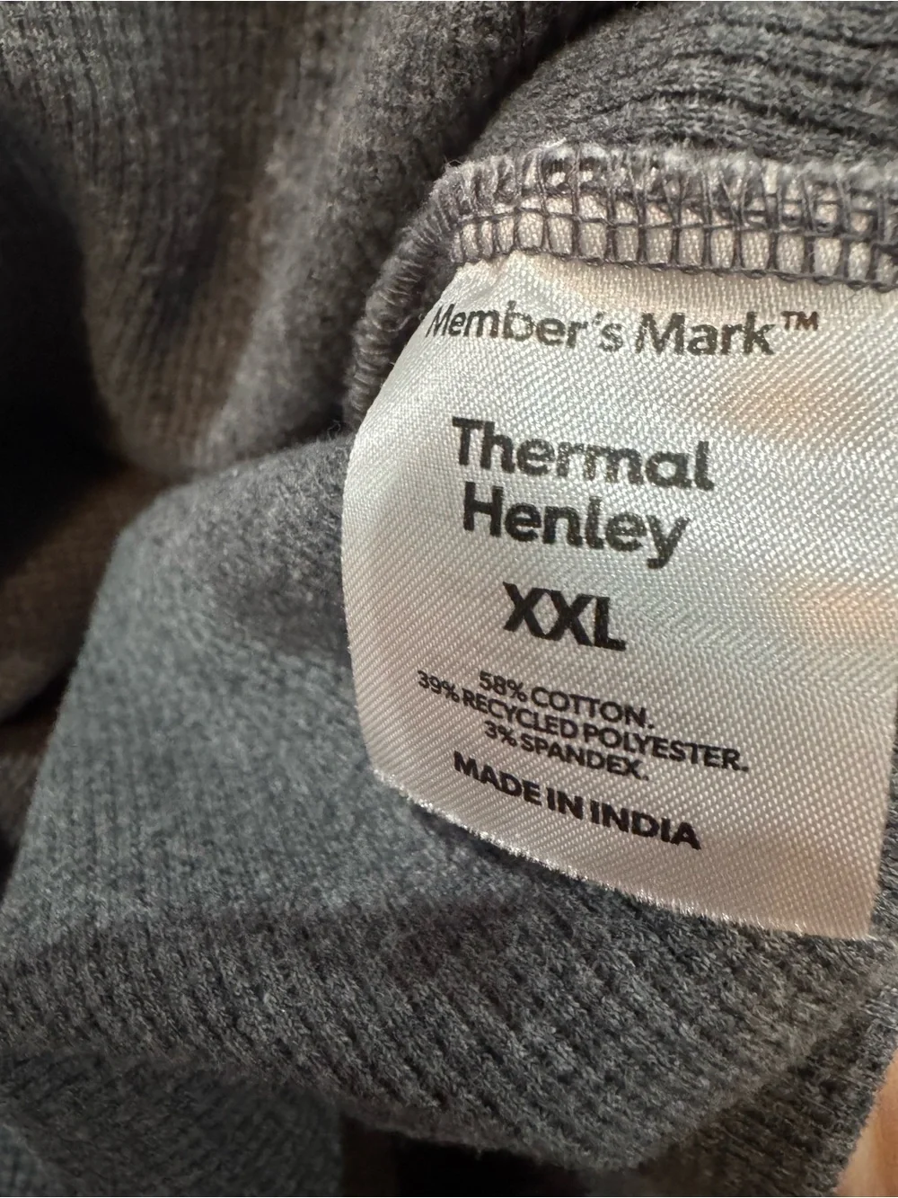 Members Mark Men’s Gray Thermal Henley Waffle Knit LS  Comfort T-Shirt XXL‎